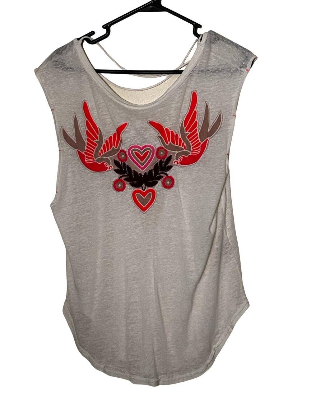 Sleeveless white Tank Top with pink Embroidered Birds and Hearts